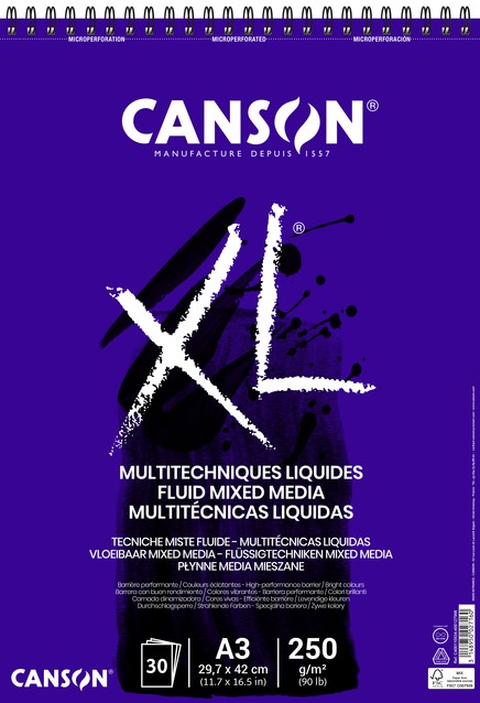 Mixed mediapapier Canson XL Fluid Mixed Media 30vel 250gr A3 extra wit