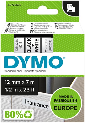 Labeltape Dymo 45013 D1 720530 12mmx7m zwart op wit