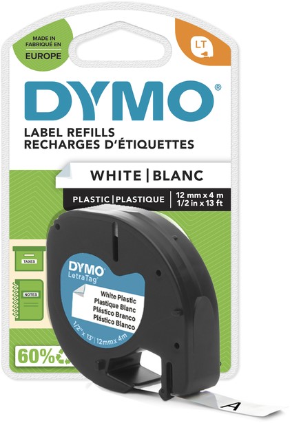 Labeltape Dymo letratag 91201 plastic 12mmx4m zwart op wit S0721660